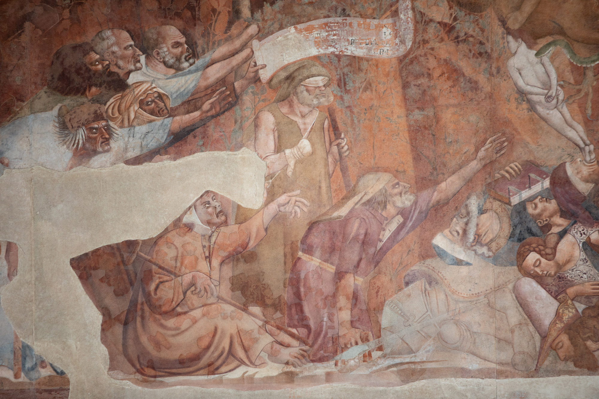 Bonamico Buffalmacco, Trionfo della Morte, dettaglio dei poveri e dei malati che invocano la Morte
