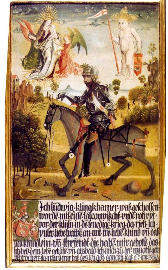 Pittore tirolese (Ludwig Konraiter?), Tavola votiva di Ludwig Klingkhamer con la Madonna e Simonino da Trento trionfante (1487; tempera e olio su tavola, 60 x 34,8 cm; Innsbruck, Prämonstratenser Chorherrenstift Wilten)
