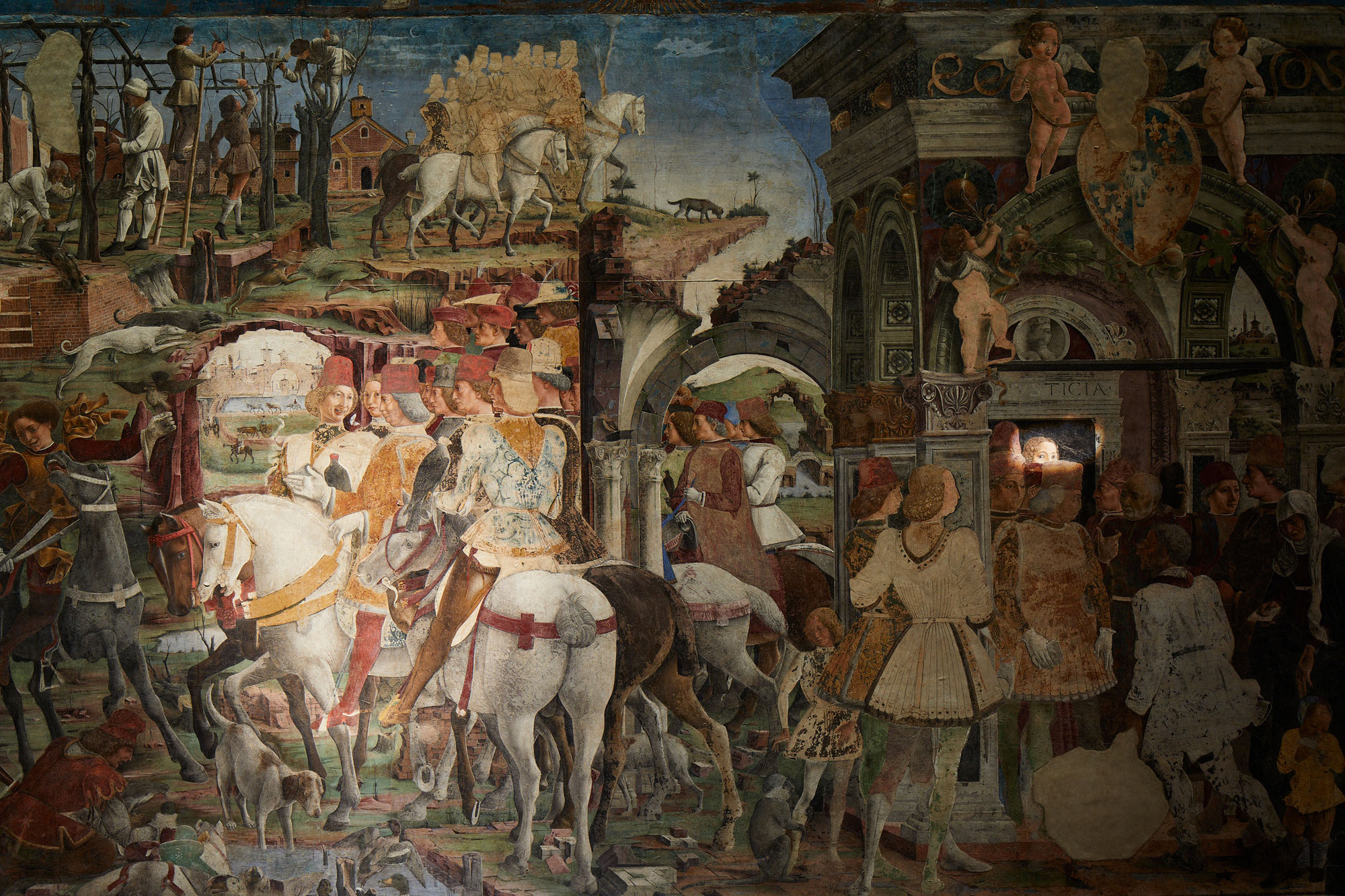 Palazzo Schifanoia, Salone dei Mesi, Marzo, dettaglio scene di vita alla corte di Borso d’Este (Francesco del Cossa, 1469-70) durante la sequenza luminosa. Ph. Credit Henrik Blomqvist