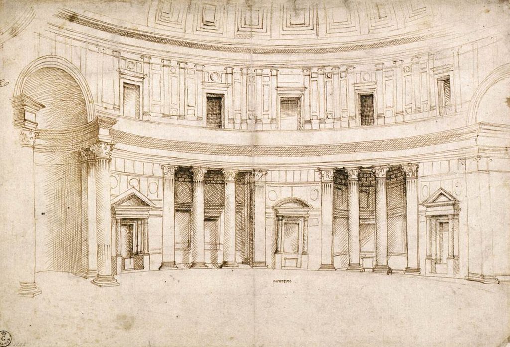 Raffaello, Interno del Pantheon (1506 circa; penna e inchiostro su carta, 277 x 407 mm; Firenze, Galleria degli Uffizi, Gabinetto dei Disegni e delle Stampe)