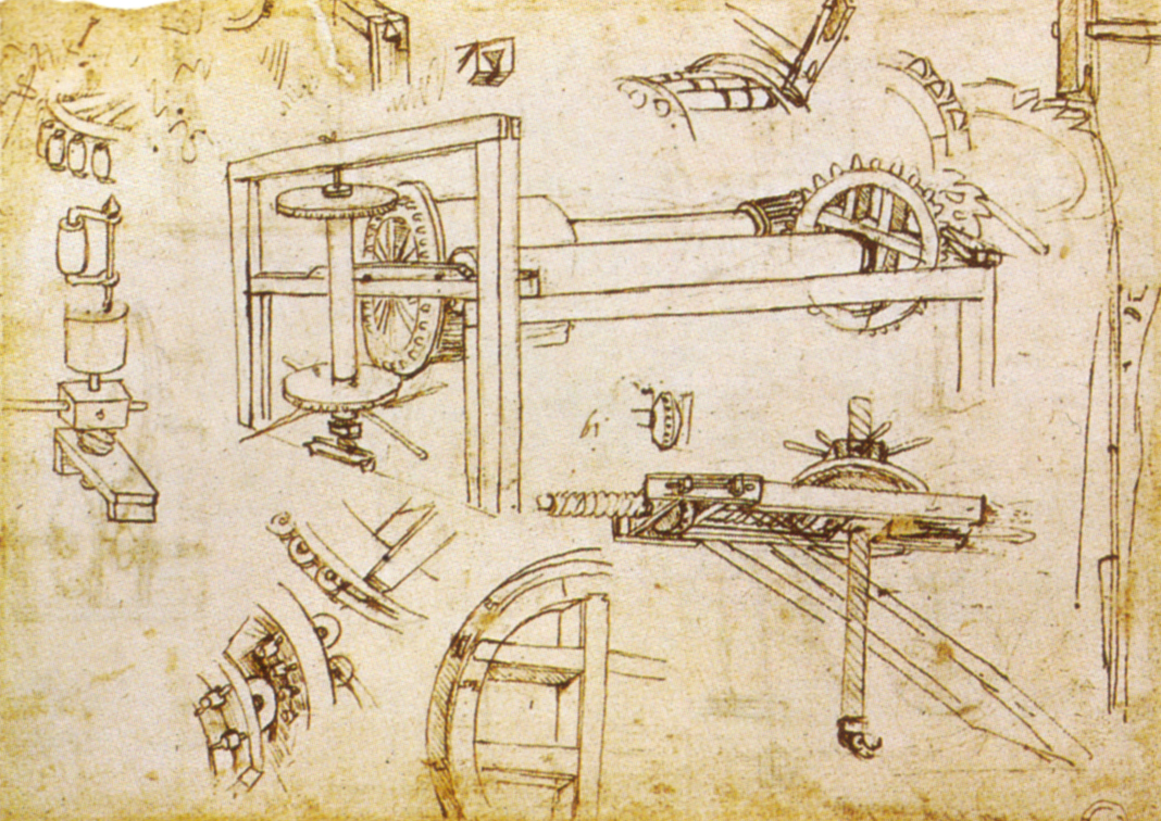 Leonardo da Vinci, Argano a tre velocità di Brunelleschi (1480 circa; Milano, Biblioteca Ambrosiana, Codice Atlantico, f 1083, verso)
