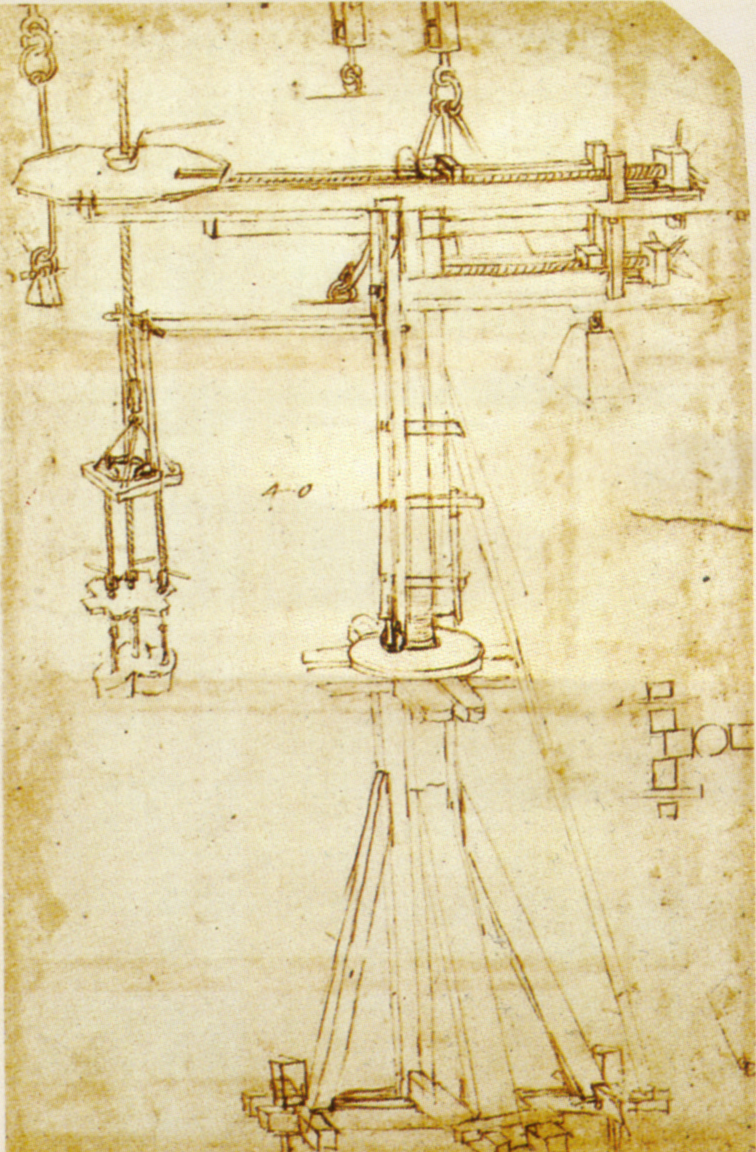 Leonardo da Vinci, Gru girevole di Brunelleschi (1480 circa; Milano, Biblioteca Ambrosiana, Codice Atlantico, c. 965, recto)
