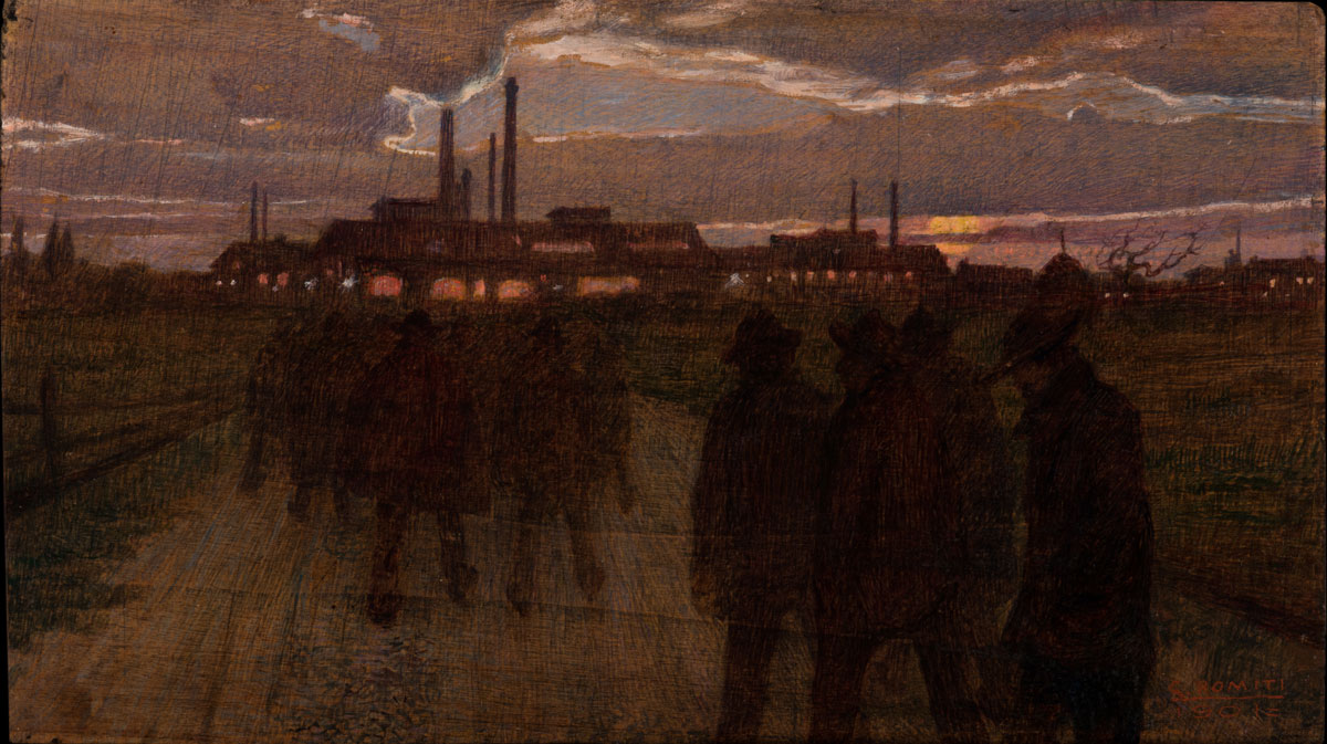 Gino Romiti, Andando in fabbrica (1901; olio su tavola, 16,5x29,5 cm; Tortona, Fondazione Cassa di Risparmi) 