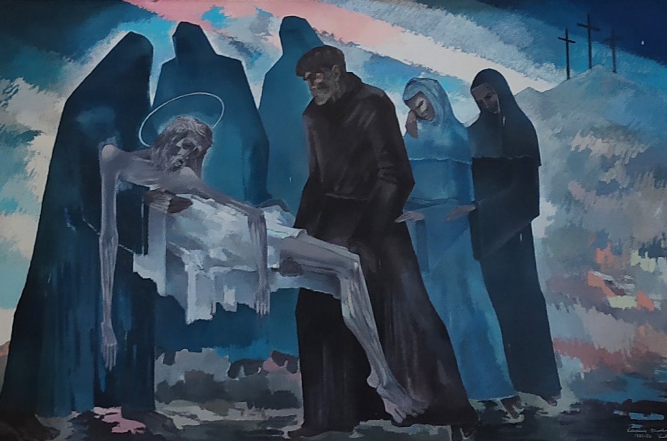Voltolino Fontani, Traslazione di Cristo (1973; olio su tela, 240x380cm; Livorno, Chiesa San Giovanni Gualberto, Valle Benedetta) 