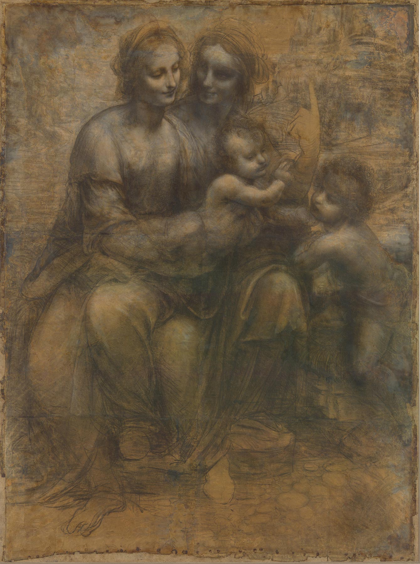 Leonardo da Vinci, Cartone di sant'Anna (1500-1505 circa; gessetto nero e biacca su carta, 1415 x 1046 mm; Londra, National Gallery)
