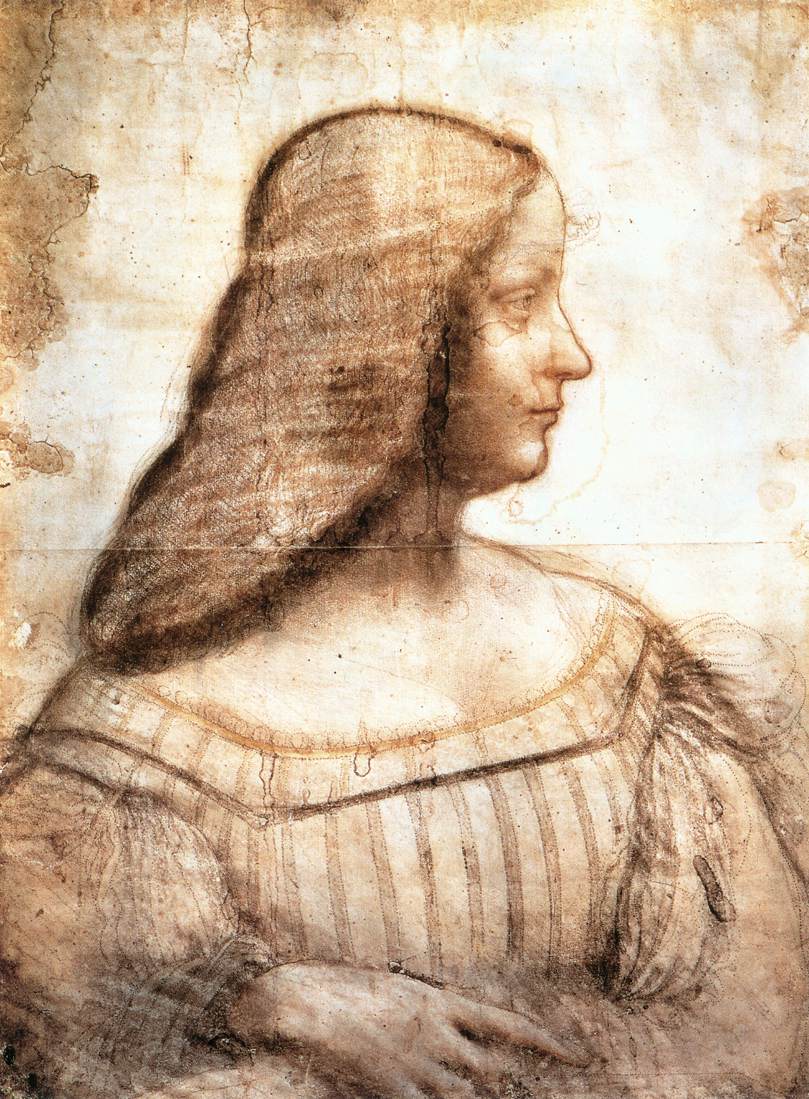 Leonardo da Vinci, Ritratto di Isabella d'Este (1495-1500 circa; carboncino, sanguigna e pastello su carta, 630 x 460 mm; Parigi, Louvre, Cabinet des Dessins)
