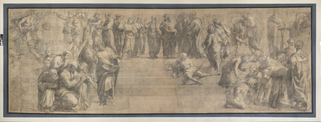 Raffaello, Cartone per la Scuola di Atene (1508; carta, carboncino e biacca, 285 x 804 cm; Milano, Pinacoteca Ambrosiana)
