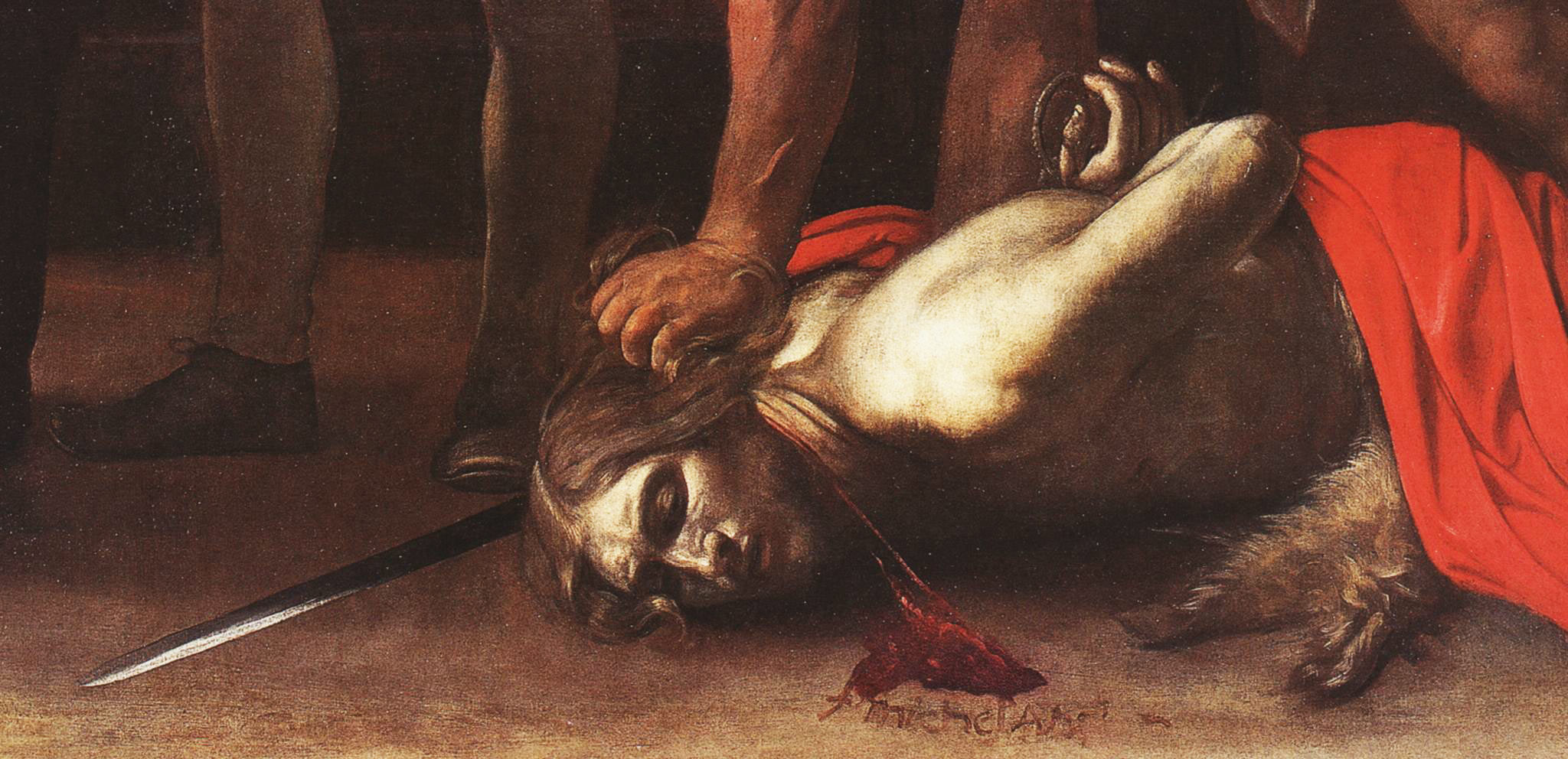 Caravaggio, Decollazione del Battista, dettaglio del Battista con la firma di Caravaggio
