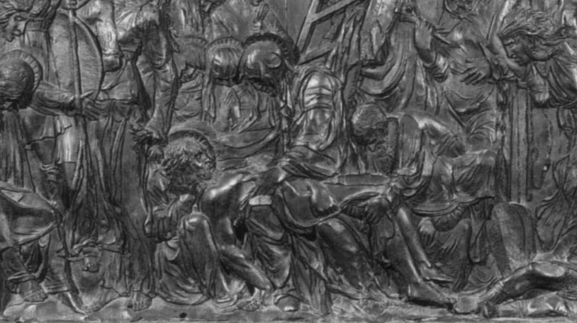 Donatello, Compianto, dettaglio, dal Pulpito della Passione (post 1460; bronzo, 137 x 280 cm; Firenze, San Lorenzo) 