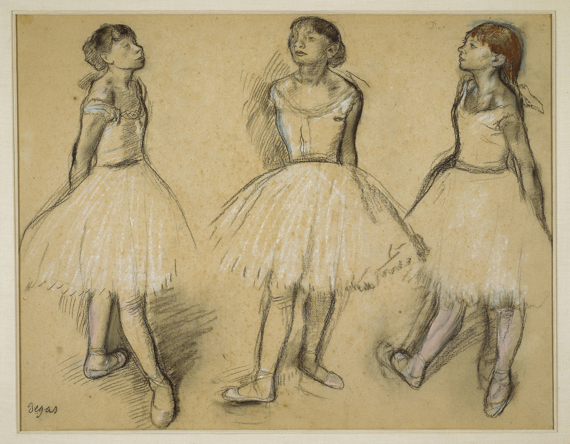 Edgar Degas, Tre studi di una ballerina in quarta posizione (1879-80; carboncino e pastello su carta, 48 x 61,6 cm; Chicago, Art Institute)
