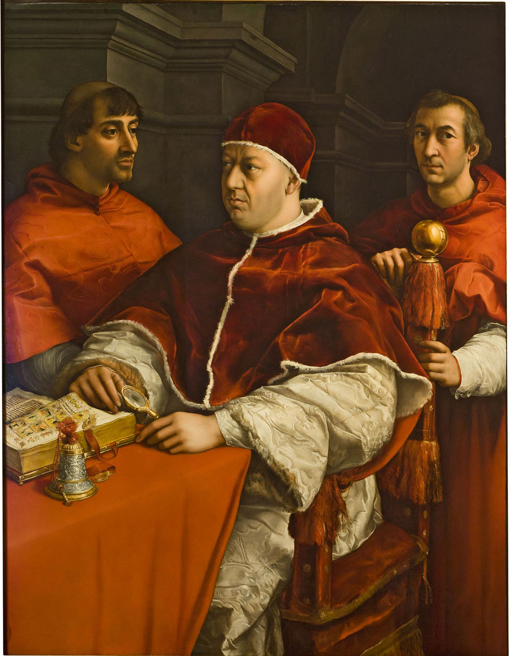 Raffaello, Ritratto di Leone X tra i cardinali Giulio de’ Medici e Luigi de’ Rossi (1518-1519; olio su tavola; Firenze, Gallerie degli Uffizi, Gallerie delle Statue e delle Pitture) /