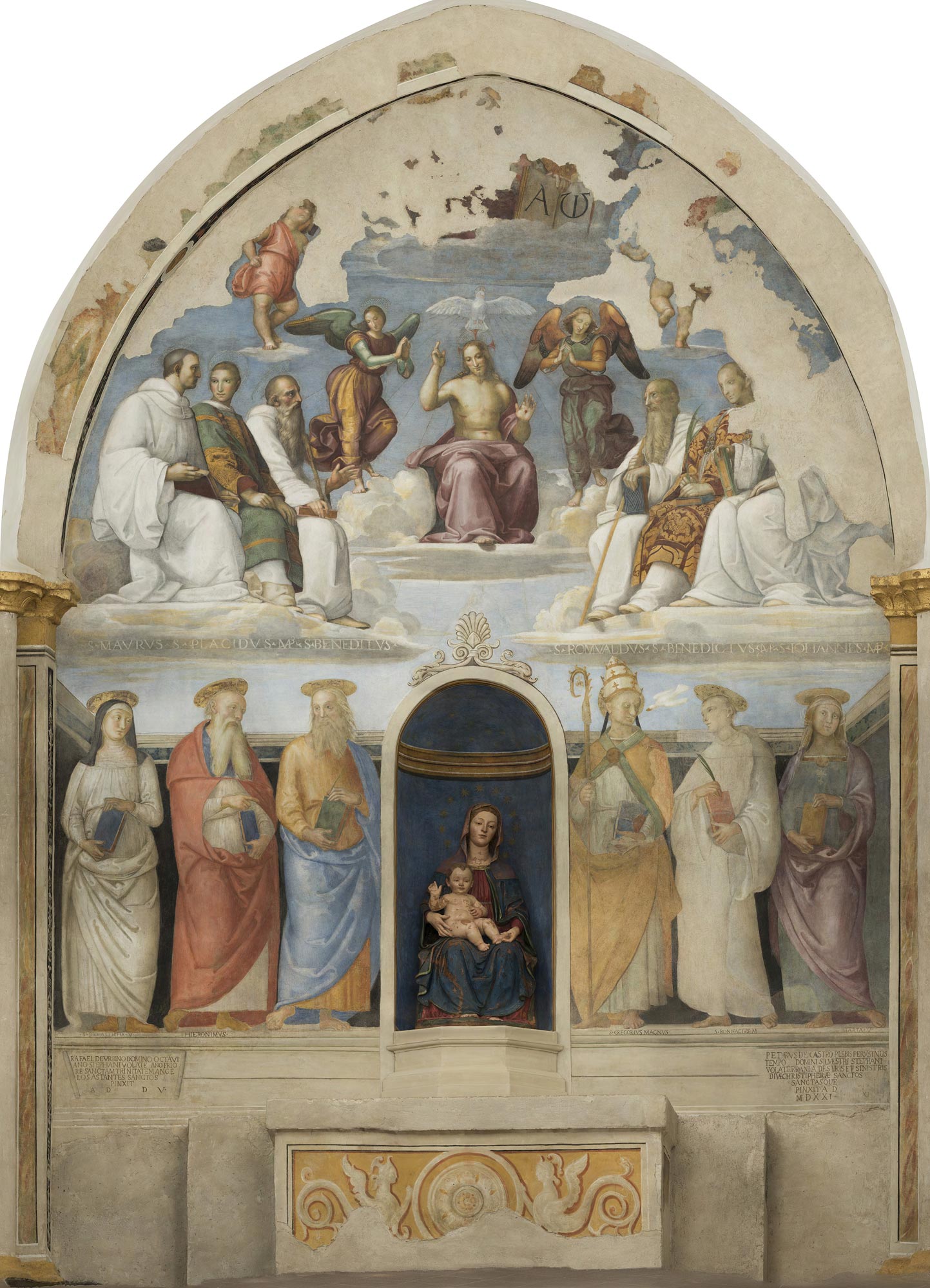 Raphael and Perugino, Trinity and Saints (1505-1508 and 1521; fresco, 175 Ã— 389 cm; Perugia, San Severo Chapel)