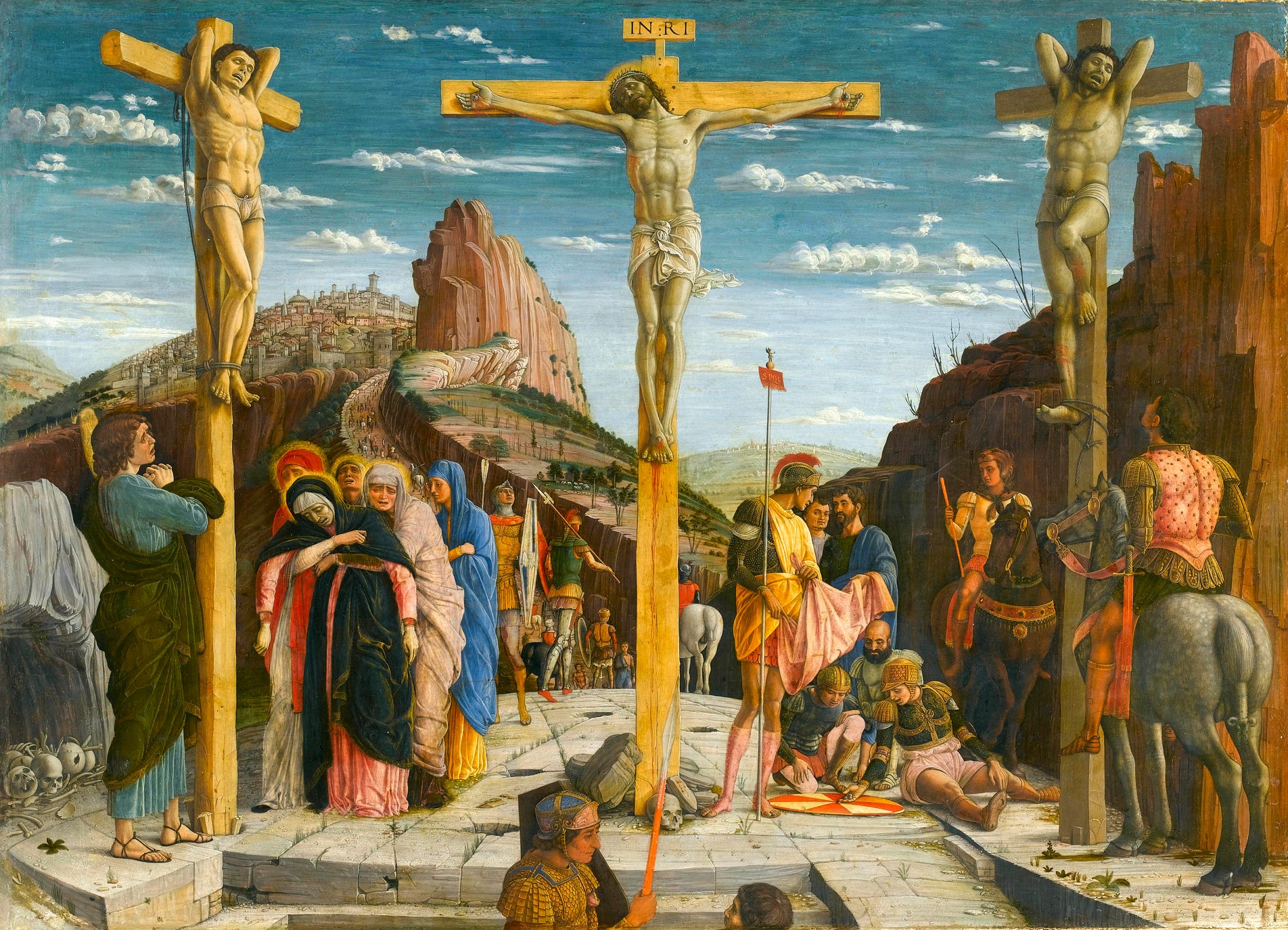 Andrea Mantegna, Crocifissione (1457-1459; tempera e olio su tavola, 76 x 96 cm; Parigi, Louvre)
