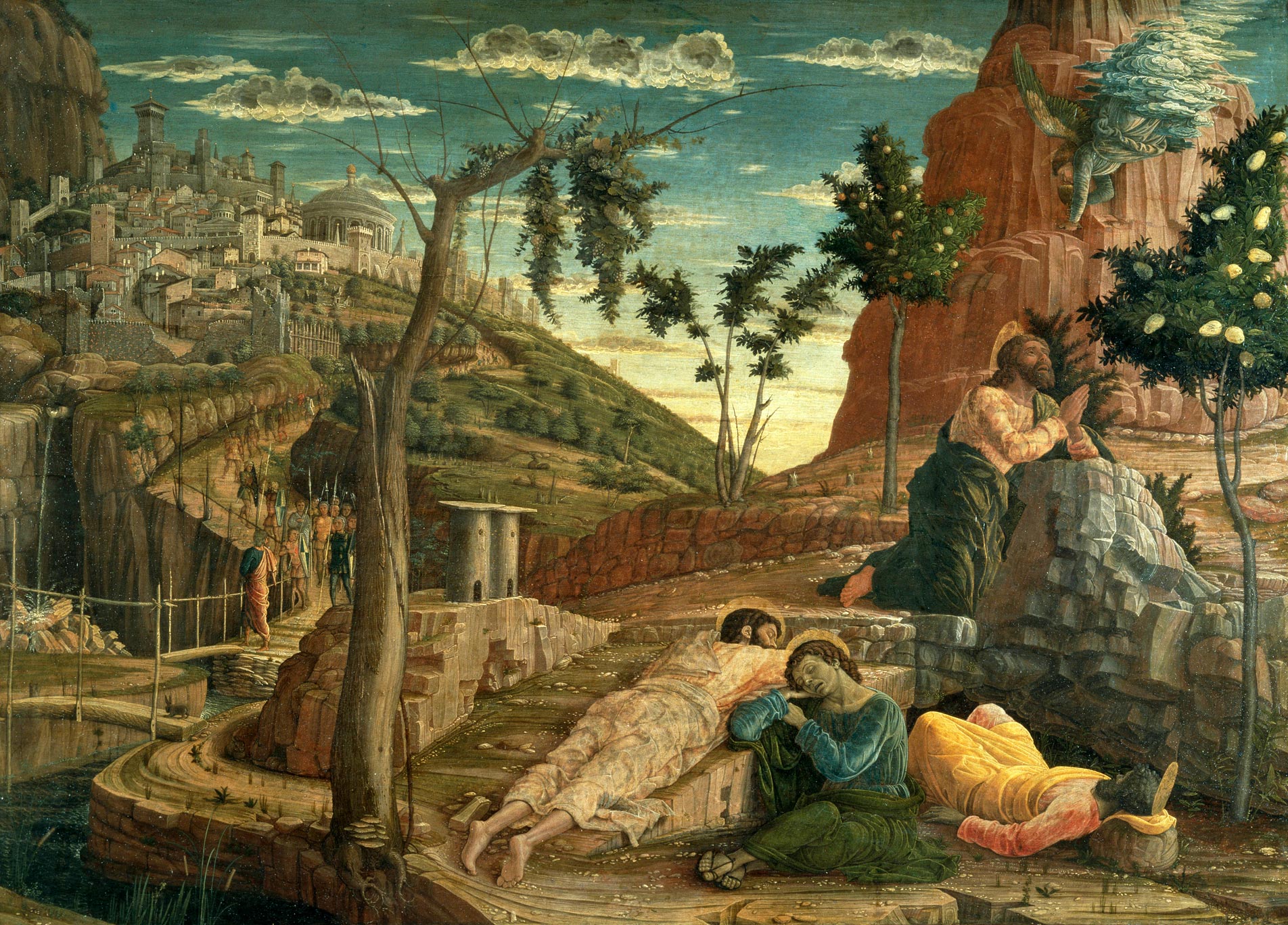 Andrea Mantegna, Preghiera nell'orto (1457-1459; tempera e oro su tavola, 66 x 88 cm; Tours, Musée des Beaux-Arts)
