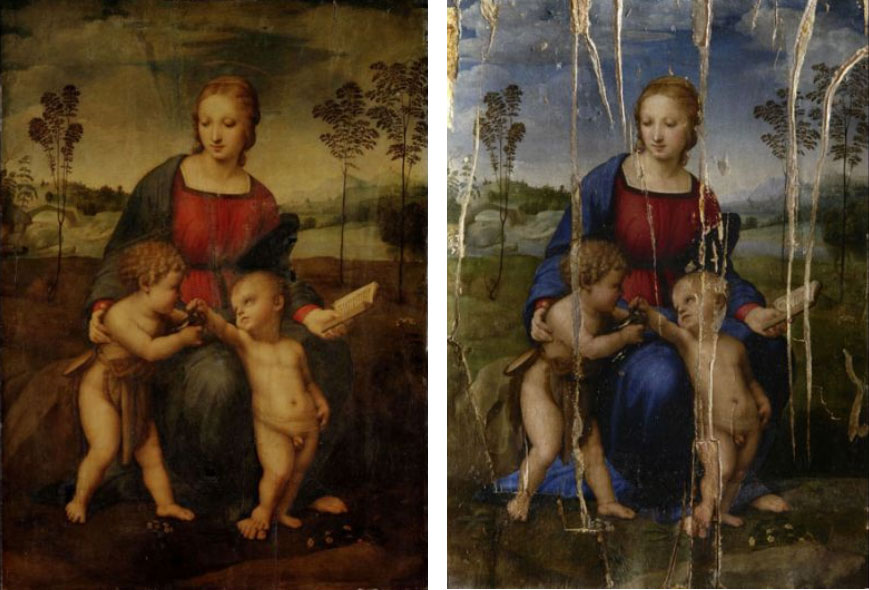 La Madonna del Cardellino prima del restauro e durante il restauro
