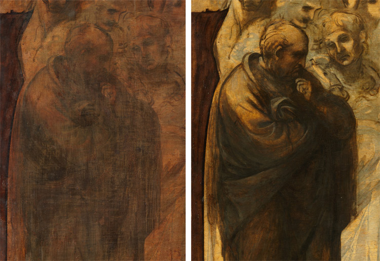 Dettaglio: la presunta figura di Isaia prima e dopo il restauro Dettaglio: la presunta figura di Isaia prima e dopo il restauro