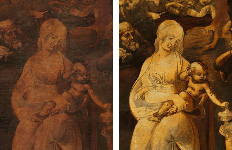 Dettaglio: la Madonna prima e dopo il restauro Dettaglio: la Madonna prima e dopo il restauro