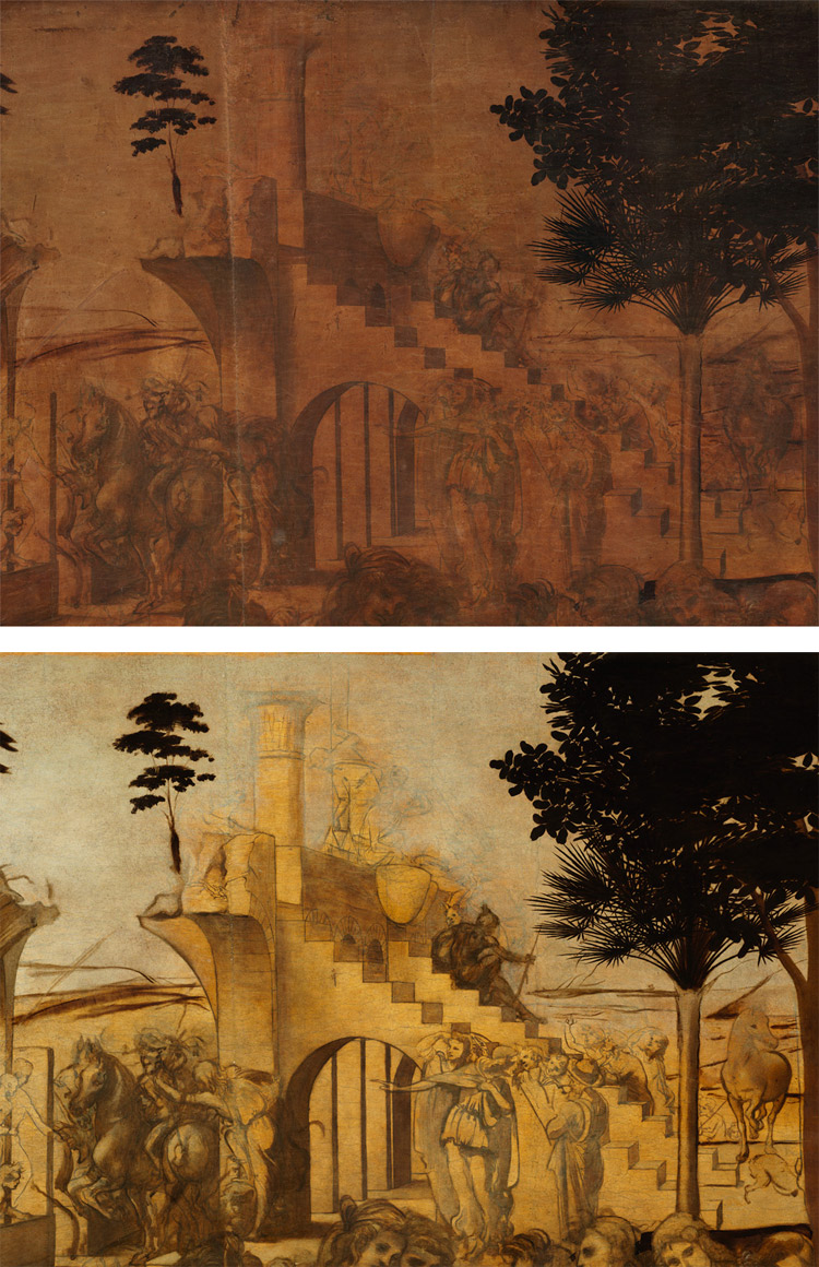 Dettaglio: l'uomo sul tempio prima e dopo il restauro Dettaglio: l'uomo sul tempio prima e dopo il restauro
