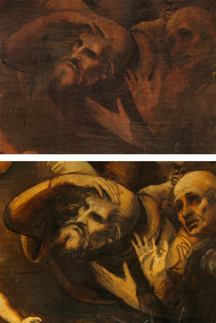 Dettaglio: volti degli astanti prima e dopo il restauro Dettaglio: volti degli astanti prima e dopo il restauro