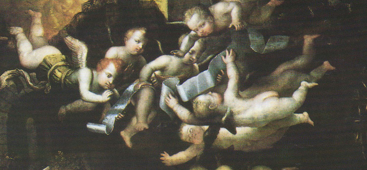 Moretto, Adorazione dei pastori con i santi Nazario e Celso (dettaglio degli angeli) Moretto, Adorazione dei pastori con i santi Nazario e Celso (dettaglio degli angeli)