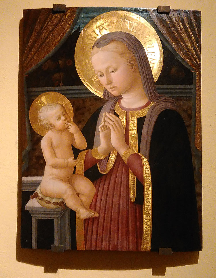 Zanobi Machiavelli, Madonna in adorazione del Bambino (1460-1470 circa; tavola, 77,5 x 58 cm; Fucecchio, Museo Civico) Zanobi Machiavelli, Madonna in adorazione del Bambino (1460-1470 circa; tavola, 77,5 x 58 cm; Fucecchio, Museo Civico)