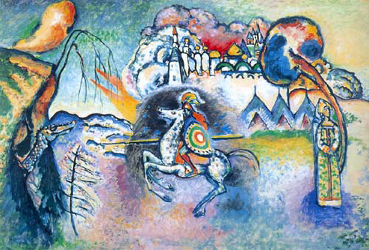Vasilij Kandinskij, Il cavaliere (San Giorgio) (1914-1915; olio su cartoncino, 61 x 91 cm; Mosca, Galleria Tret’jakov)