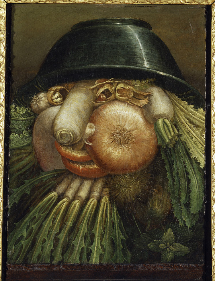 Giuseppe Arcimboldi, L’Ortolano (Priapo) / Ciotola di verdure (1590-1593 circa; olio su tavola, 35,8 x 24,2 cm; Cremona, Museo Civico “Ala Ponzone”) 