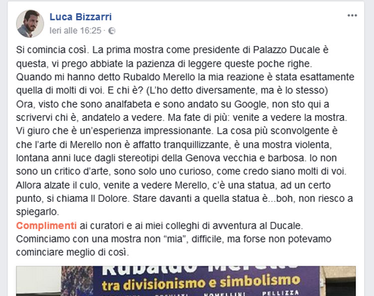 La prima uscita su Facebook di Luca Bizzarri da presidente di Palazzo Ducale La prima uscita su Facebook di Luca Bizzarri da presidente di Palazzo Ducale