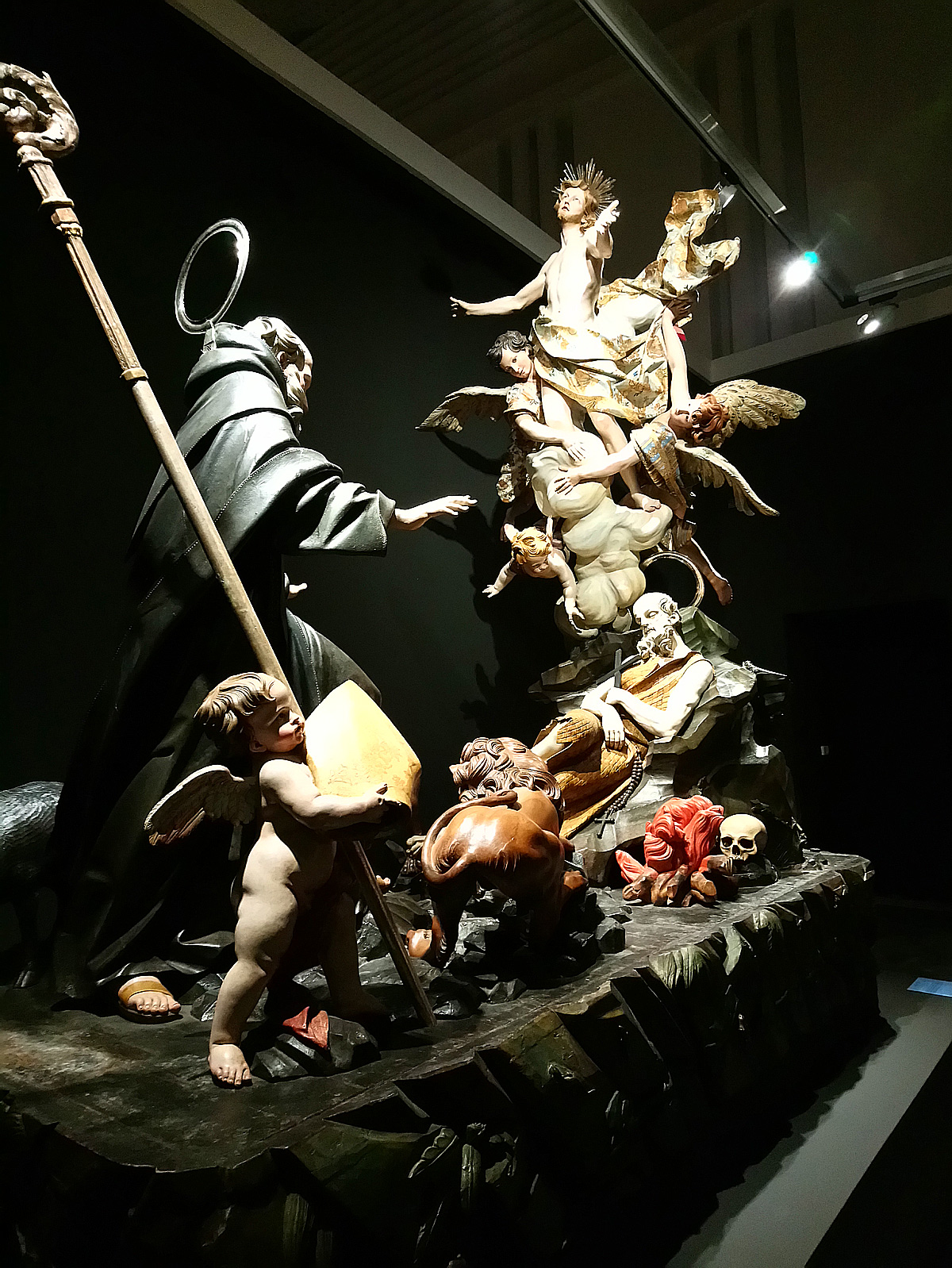 Anton Maria Maragliano, Sant'Antonio abate contempla la morte di san Paolo eremita (1709-1710; legno scolpito, dipinto e dorato, occhi in pasta vitrea, 360 x 195 x 359 cm; Mele, oratorio di Sant'Antonio Abate)
