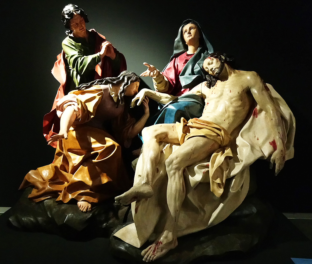 Anton Maria Maragliano, Pietà (1710-1715 circa; legno scolpito e dipinto, occhi in pasta vitrea, 160 x 220 x 144 cm; Genova, San Filippo Neri)
