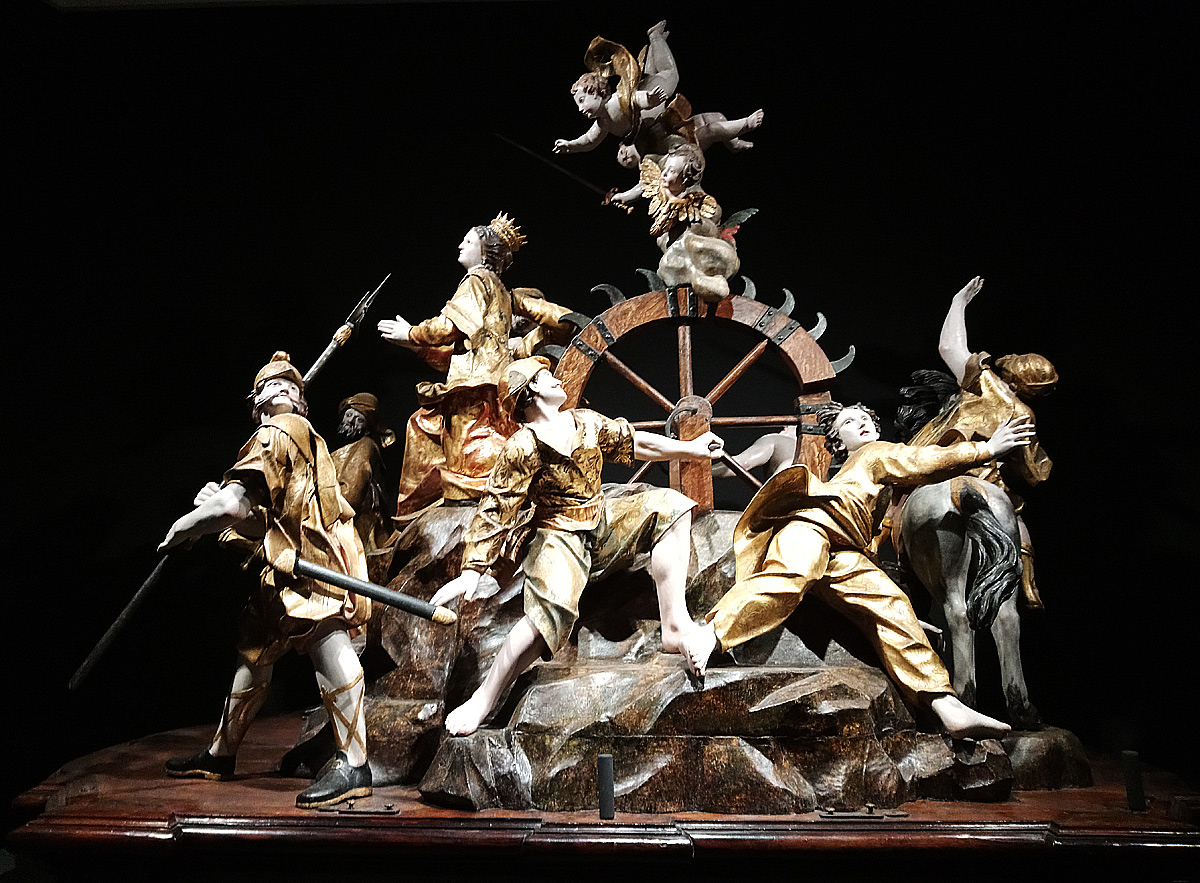 Anton Maria Maragliano e bottega, Martirio di santa Caterina (1735-1736; legno scolpito, dipinto e dorato, occhi in pasta vitrea, 235 x 157 x 270 cm; Sestri Levante, San Pietro in Vincoli)
