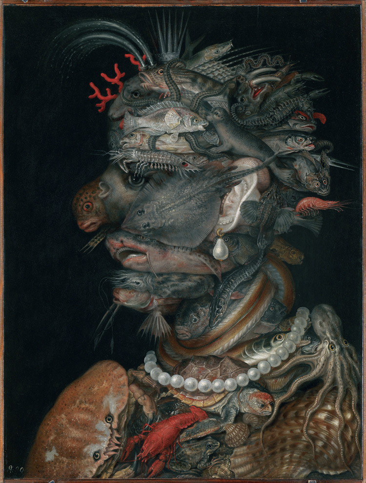 Giuseppe Arcimboldi, L’Acqua (1566; olio su legno di ontano, 66,5 × 50,5 cm; Vienna, Kunsthistorisches Museum, Gemäldegalerie, inv. GG 1586)
 Giuseppe Arcimboldi, L’Acqua (1566; olio su legno di ontano, 66,5 × 50,5 cm; Vienna, Kunsthistorisches Museum, Gemäldegalerie, inv. GG 1586)