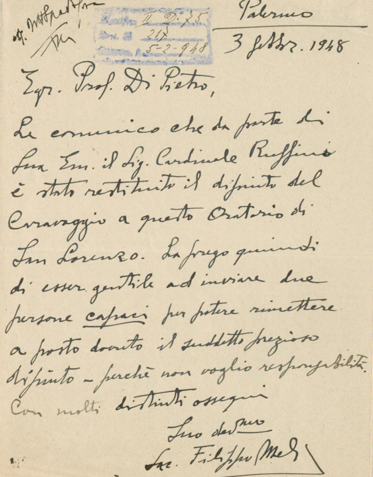 Lettera del 3 febbraio 1948 di don Filippo Meli al soprintendente Filippo Di Pietro