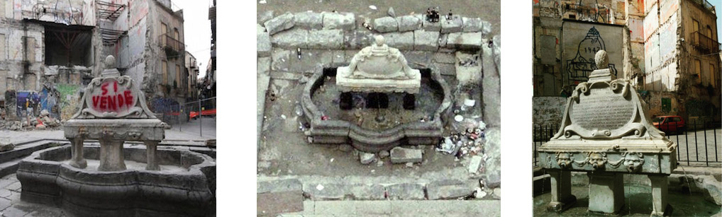 La fontana di piazza Garraffello a Palermo: imbrattata da Uwe Jäntsch nel 2014 (ph. credit Uwe Jäntsch), in stato di degrado nel 2015 (ph. credit Uwe Jäntsch), restaurata nel 2017 (ph. credit Eddy Sanfilippo)