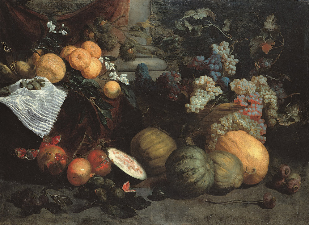 Jan Roos, Still Life of Fruit, Vegetables and Flowers (oil on canvas, 100 x 138 cm; Genoa, Strada Nuova Museums, Palazzo Bianco)