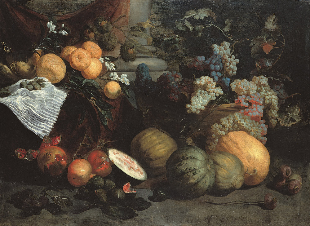 Jan Roos, Naturaleza muerta de frutas, verduras y flores (óleo sobre lienzo, 100 x 138 cm; Génova, Museos Strada Nuova, Palazzo Bianco)