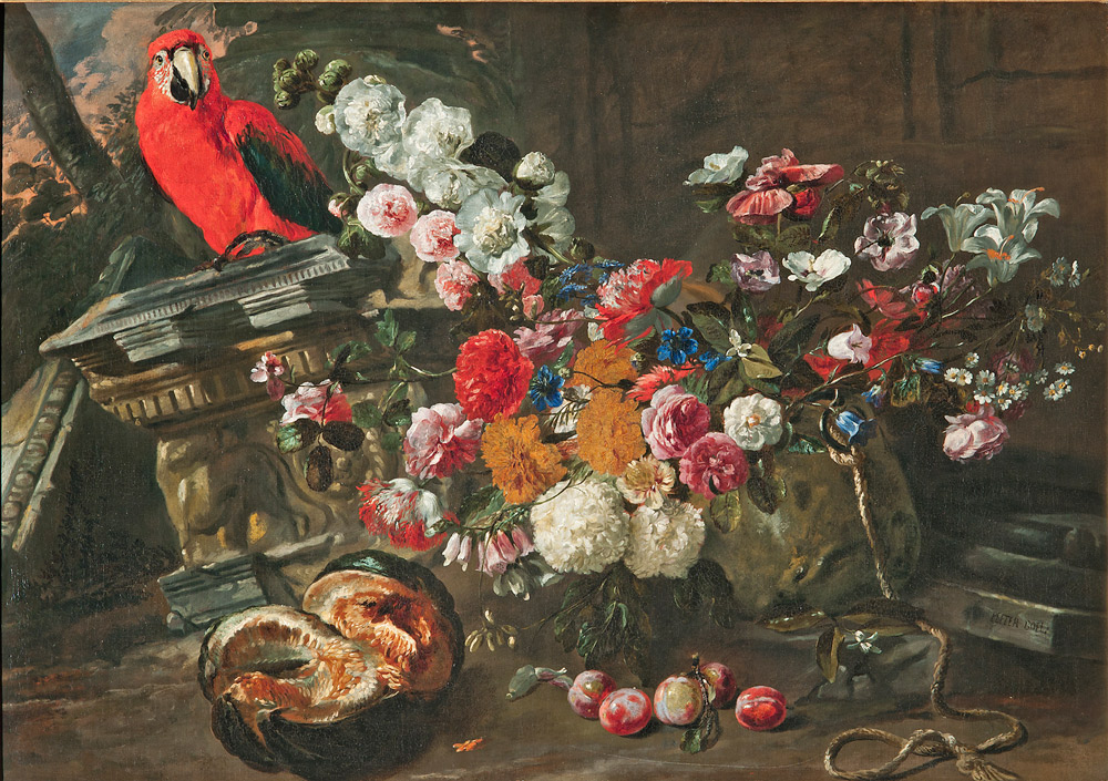 Pieter Boel, Natura morta con pappagallo e fiori come Vanitas
