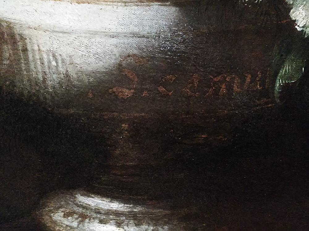 Stefano Camogli, Natura morta con vaso di fiori e bacile in rame con frutta, particolare della firma dell'artista
