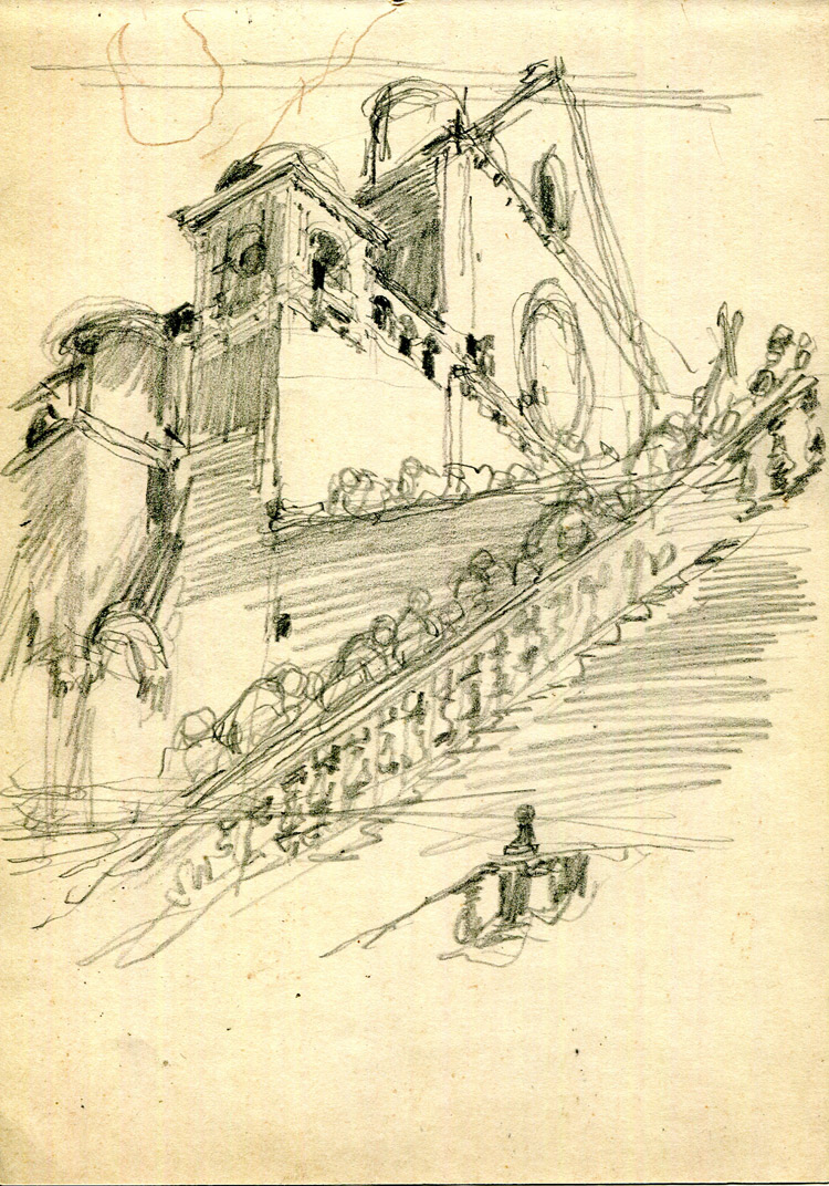 Giuseppe Mentessi, Scorcio della facciata della basilica superiore di Assisi (matita su carta, 174 x 122 mm; Modena, collezione AssiCoop Ferrara&Modena)
