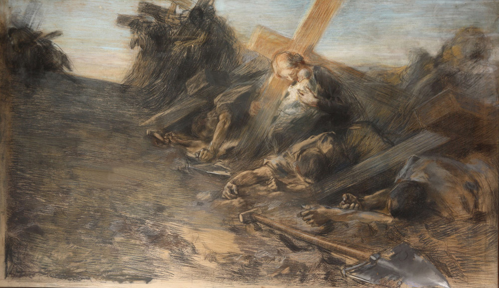 Giuseppe Mentessi, Bozzetto per Visione triste (1899 circa; carboncino, pastello e biacca su carta applicata a tela, 136,5 x 229,5 cm; Modena, collezione Assicoop Modena-Ferrara)
