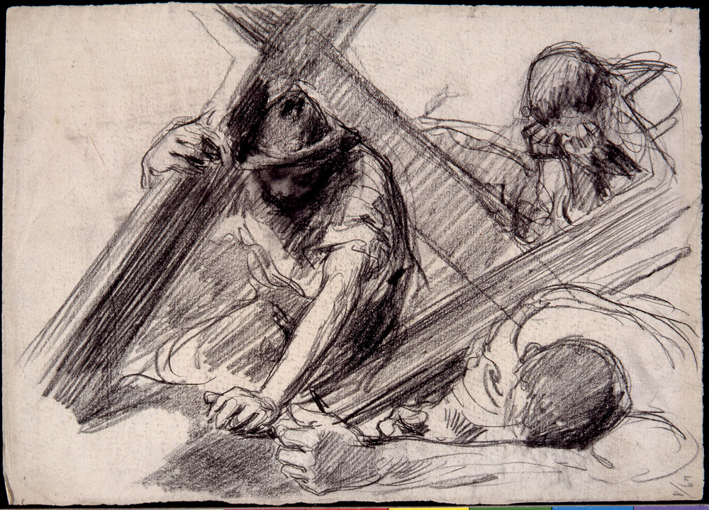 Giuseppe Mentessi, Contadino in ginocchio con croce sulle spalle – Studio per Visione triste (1898-99 circa; carboncino su carta, 336 x 242 mm; Ferrara, Gallerie d’Arte Moderna e Contemporanea)
