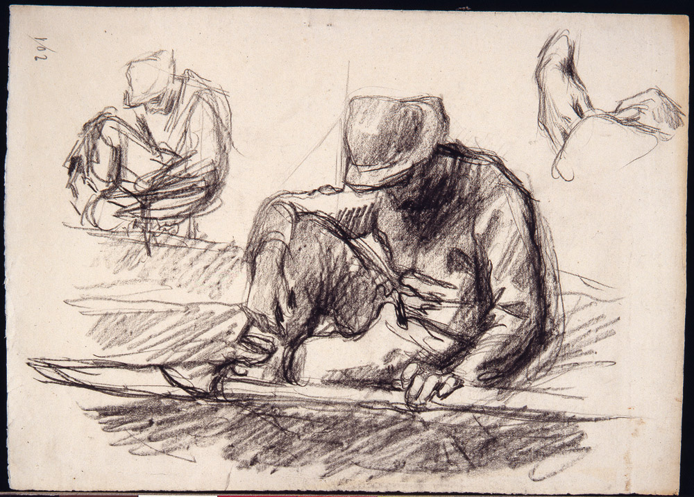 Giuseppe Mentessi, Contadino seduto a terra davanti a una vanga, Studio per Al tempo della pellagra – Visione triste, (1898 circa; carboncino su carta, 240 x 338 mm; Ferrara, Gallerie d’Arte Moderna e Contemporanea)
