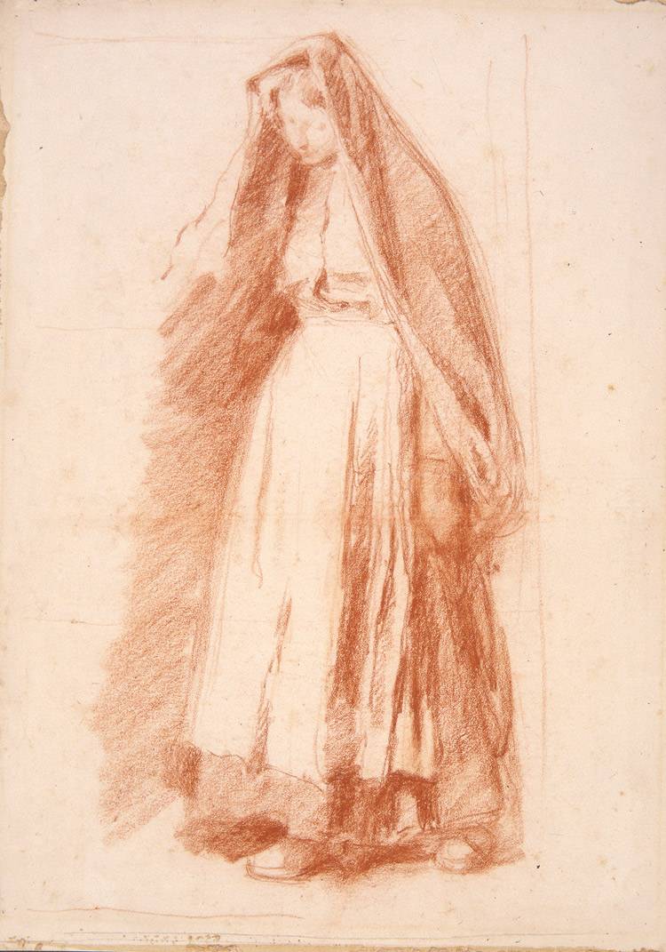 Giuseppe Mentessi, Donna con velo sul capo, Studio per Ora triste (sanguigna su carta incollata a cartone, 500 x 360 mm; Ferrara, Gallerie d’Arte Moderna e Contemporanea)
