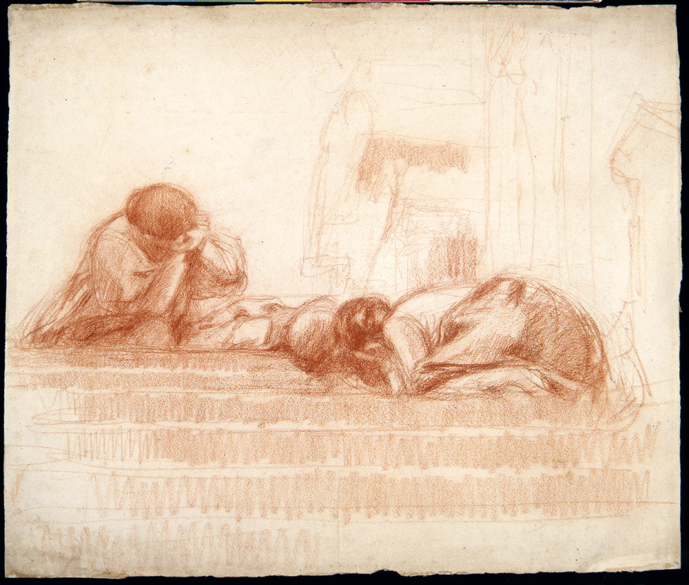 Giuseppe Mentessi, Due donne piangenti su di un uomo riverso – Studio per Lacrime (1894 circa; sanguigna su carta, 386 x 457 mm; Ferrara, Gallerie d’Arte Moderna e Contemporanea)
