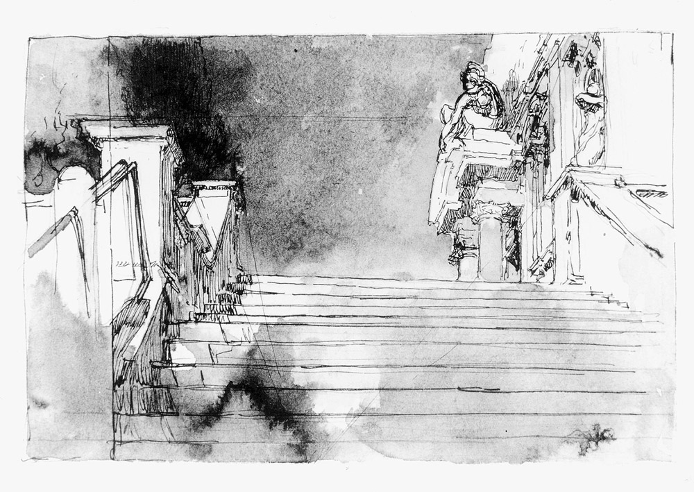 Giuseppe Mentessi, Scalinata della chiesa di Veduggio, Studio per Lacrime (1894; inchiostro acquerellato e matita su carta, 143 x 214 mm; Ferrara, Gallerie d’Arte Moderna e Contemporanea)
