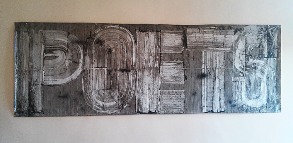 Mario Consiglio, POETS (2018; smalti e vinavil su PVC, 140 x 400 cm)
