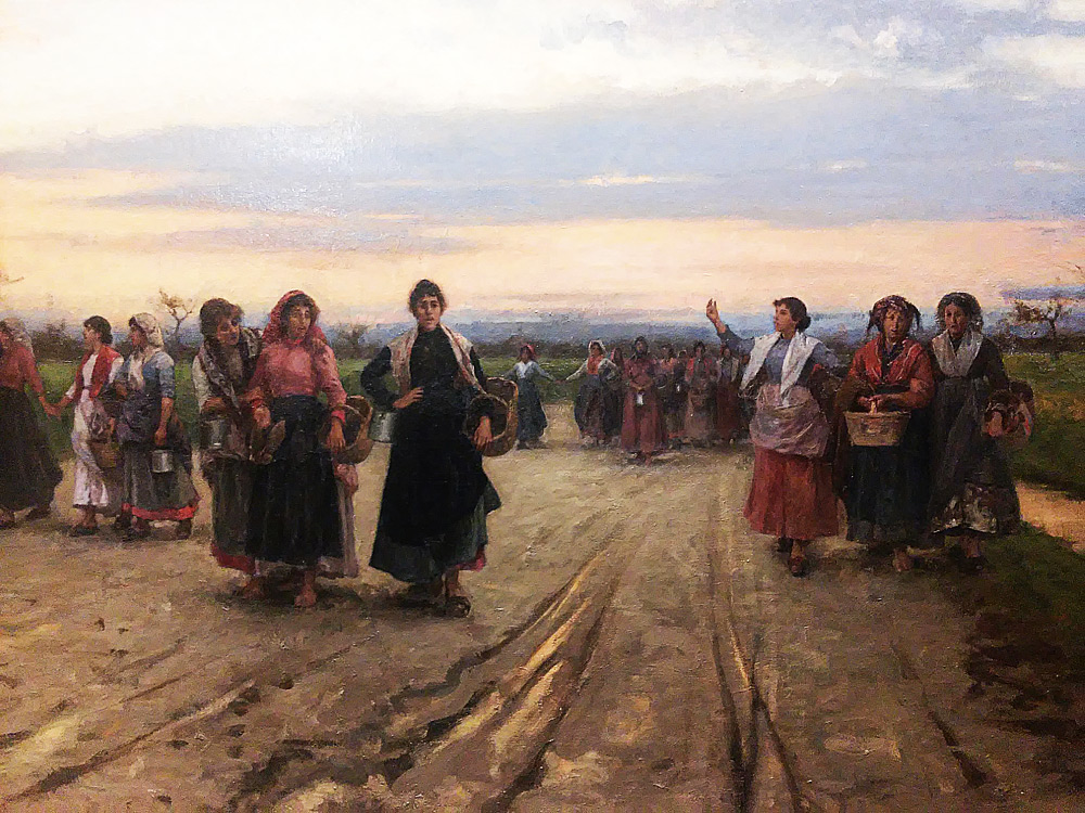 Eugenio Spreafico. Dal lavoro. Il ritorno dalla filanda (1890-1895; olio su tela, 101 x 194,5 cm; Monza, Musei Civici)
