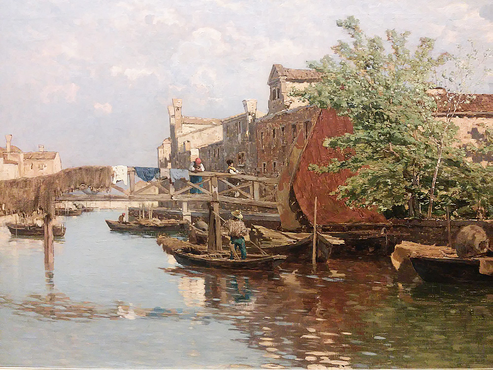 Guglielmo Ciardi, Laguna con barche e pescatori (1899-1900; olio su tela, 55 x 99,5 cm; Milano, Museo Nazionale Scienza e Tecnologia <a href=