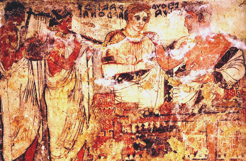 Arte Etrusca, Scena di banchetto (terzo quarto del IV secolo a.C.; affresco; Tarquinia, Tomba degli Scudi)
