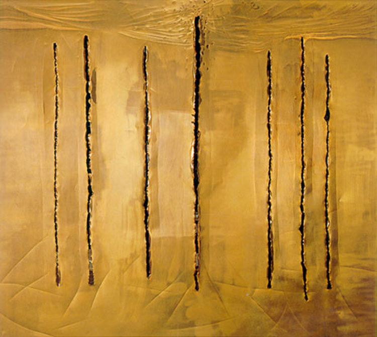 Lucio Fontana, Concetto spaziale, New York 10 (1962; rame con lacerazioni e graffiti, cm 234 × 282; Milano, Fondazione Lucio Fontana)
